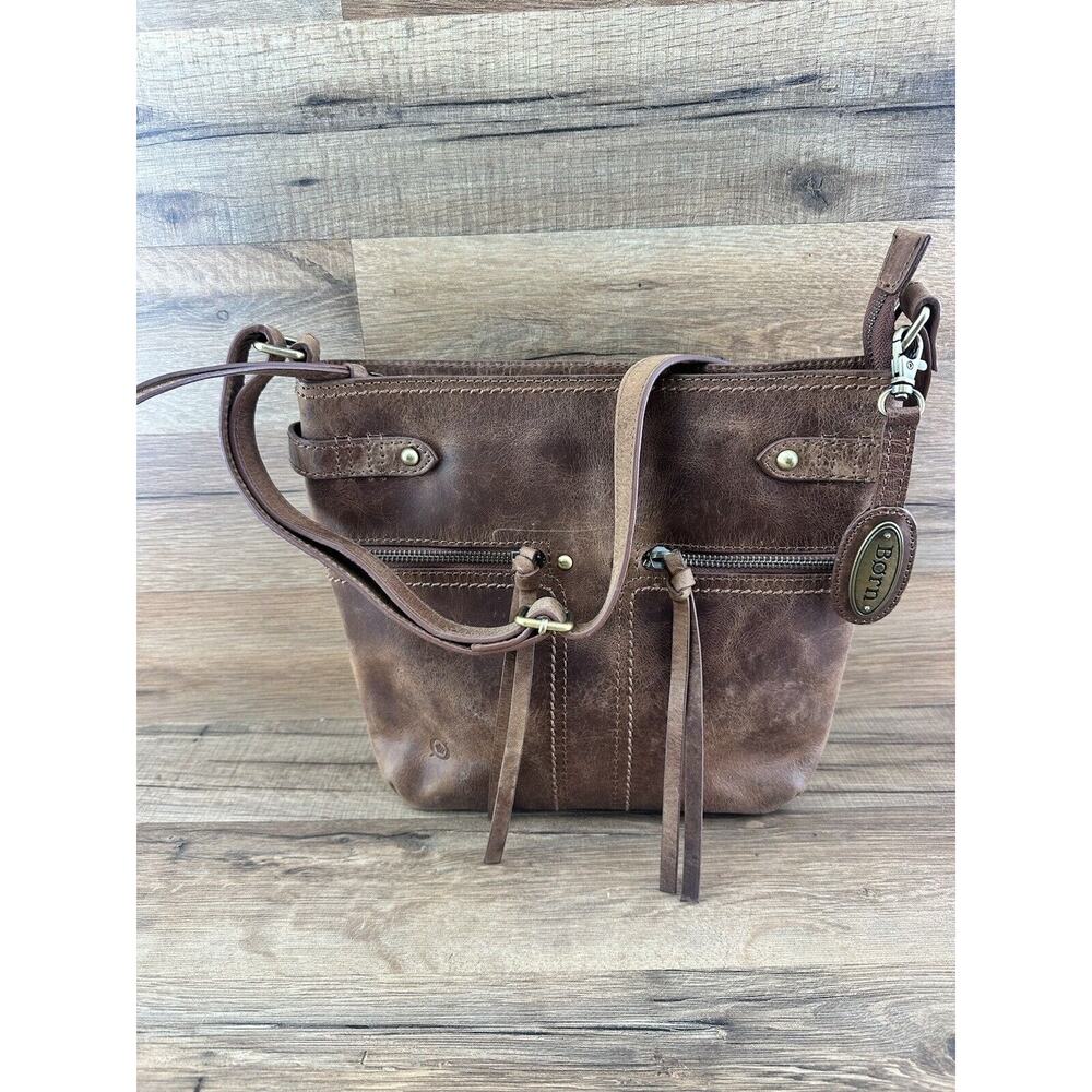 Born Distressed Leather Crossbody Bag Brown Zip Ext Pocket Rugged Classi…